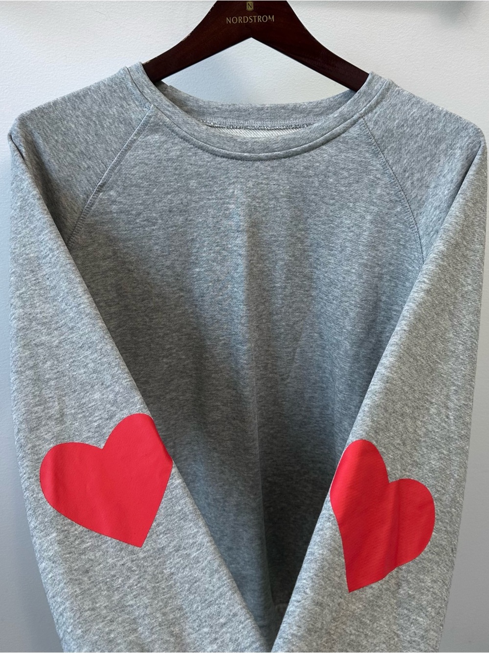 NWOT Red Heart Elbows Grey Crewneck Pullover Sweatshirt Valentines Womens Small